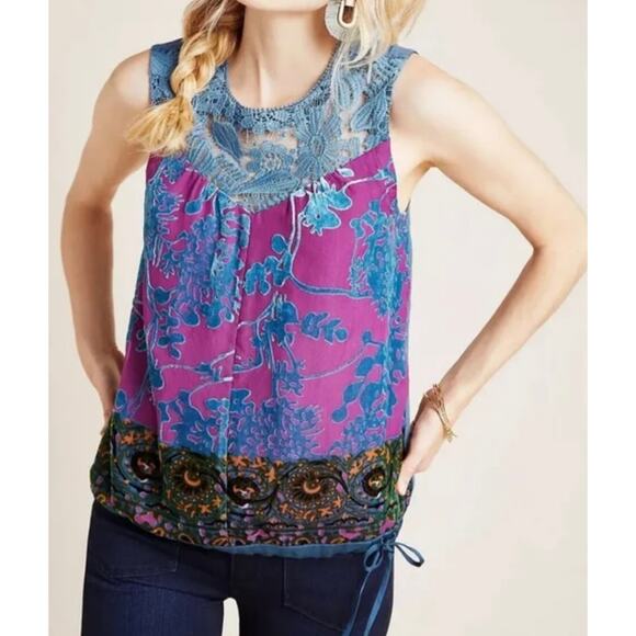 Tiny Anthropologie Blue Lace Purple Velvet Burnout Tank Top Boho Hippie Magic XS - Picture 1 of 16